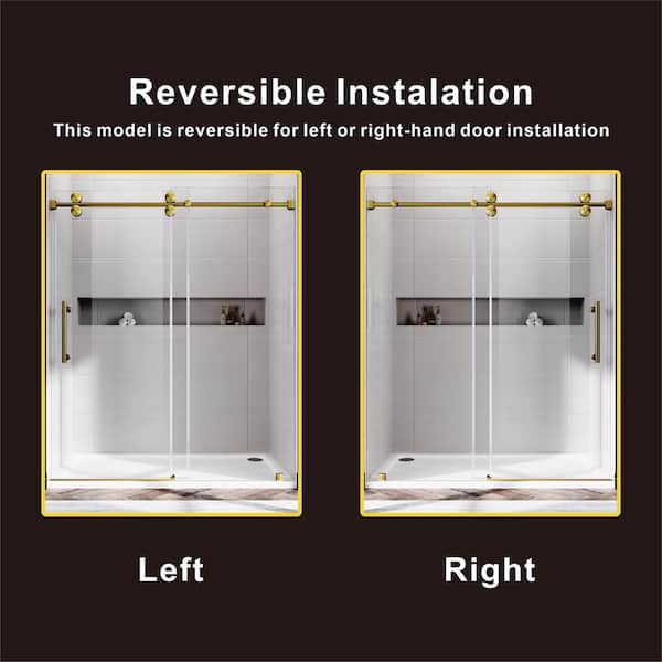 UKS04 61 to 65 in. W x 76 in. H Sliding Frameless Shower Door in Satin Brass, EnduroShield 3/8 in. SGCC Clear Glass