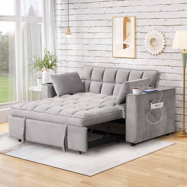 55.3 in. Square Arm Velvet Rectangle Sofa with Cup Holder and USB Port in Gray