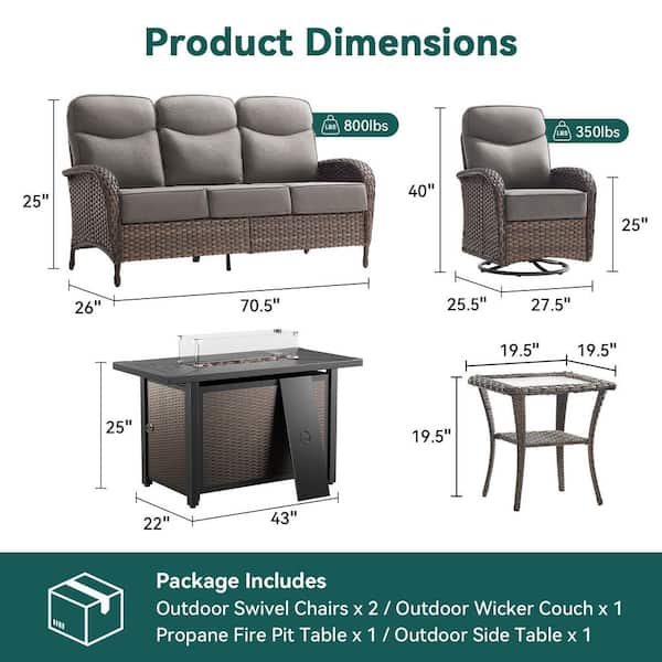 Moonridge 5-Piece Brown Wicker Fire Pit Conversation Set with 6 In. Olefin Gray Cushions / Metal Fire Pit Table