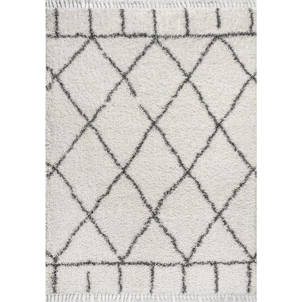 Mercer Shag Plush Tassel Moroccan Geometric Trellis Cream/Grey 8 ft. x 10 ft. Area Rug