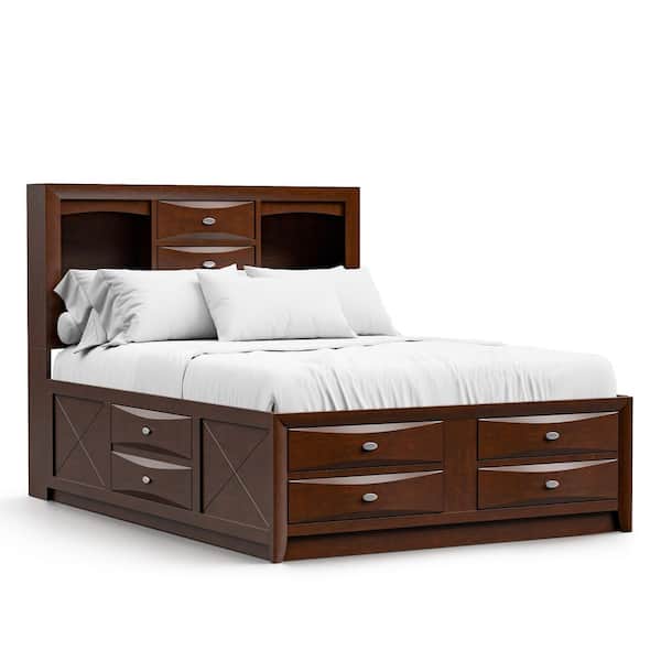 Lanten Brown Wood Frame Queen Platform Bed with Footboard Drawers, Side Rail Drawers and Headboard Bookcase