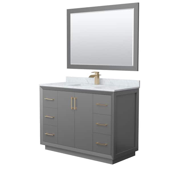 Wyndham Collection Strada 48 in. W x 22 in. D x 35 in. H Single Bath Vanity in Dark Gray with White Carrara Marble Top and 46 in. Mirror
