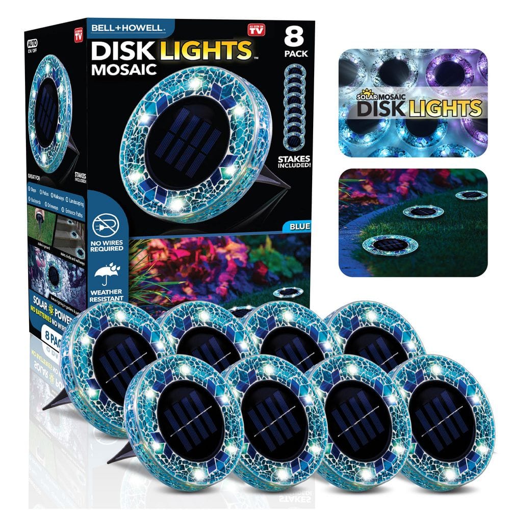Blue Mosaic Solar Powered LED Pathway Disk Lights, Set of 8