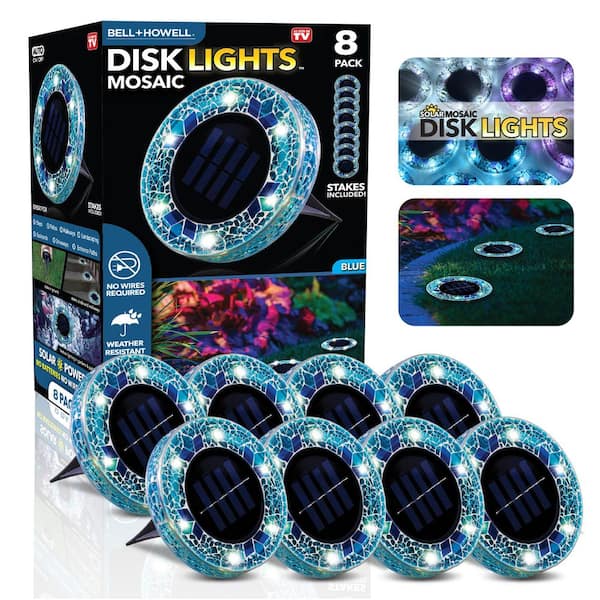 Bell + Howell Mosaic Disk Lights Solar Powered Blue LED Path Lights with Mosaic Glass Top (8-Pack)