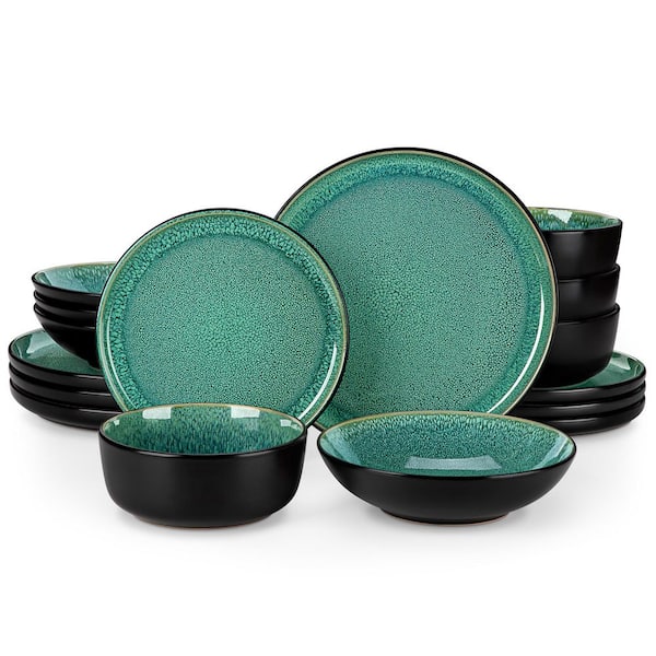 16-Piece Green and Black Stoneware Dinnerware Set Service for 4 Tableware Bowls and Plates Dining Set Dishware Set
