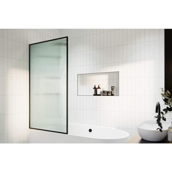Maia 34 in. W x 60 in. H Framed Fluted Fixed Tub Door in Matte Black with Fluted Glass