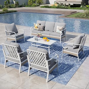 White 6-Piece Metal Outdoor Patio Conversation Seating Set with Marbling Coffee Table and Gray Cushions