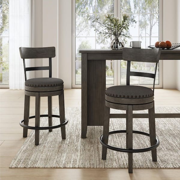 Caitbrook 24 in. Gray Low Back Wood Bar Stool Upholstered Stool with Polyester Seat