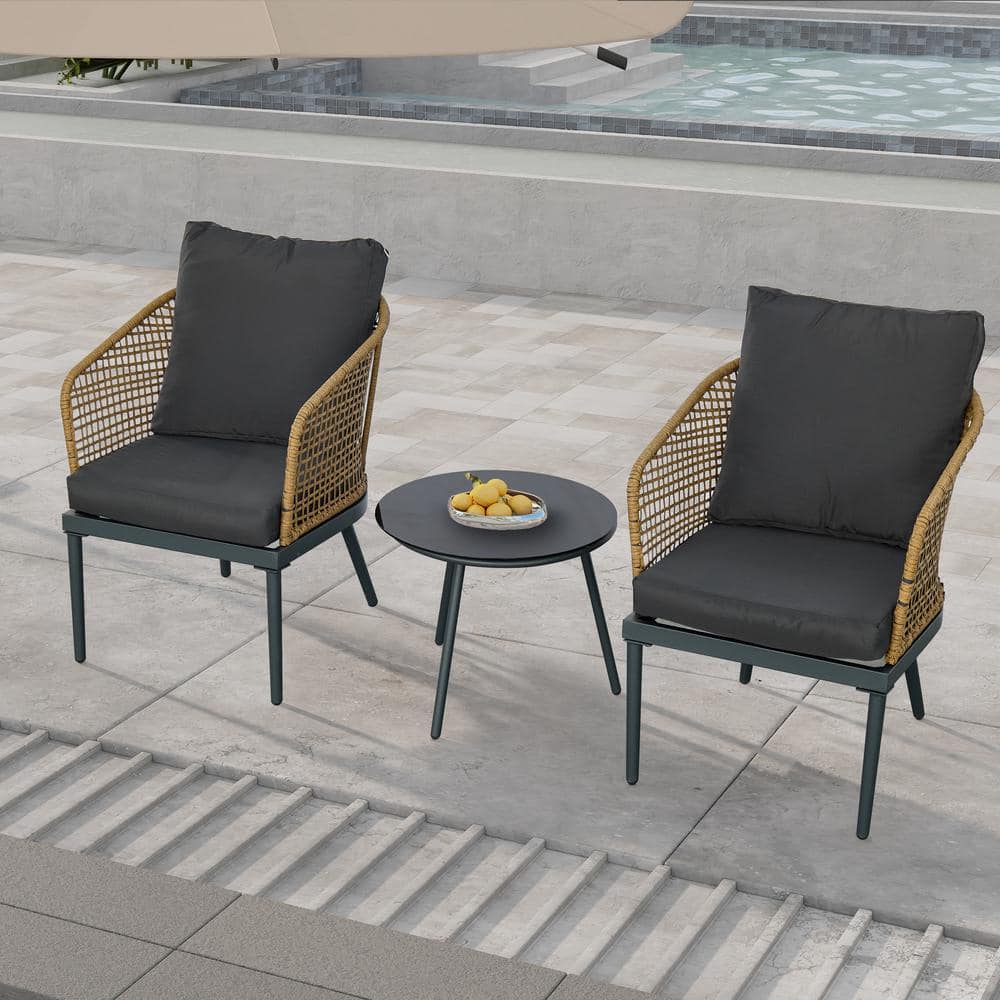 Gray 3-Piece Aluminum Patio Conversation Set with Gray Cushions and Coffee 