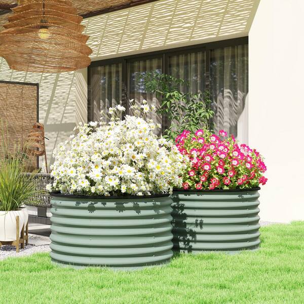 Outsunny - Galvanized Steel Raised Garden Bed, Set of 2 Planter Box with Safety Edging, Easy-to-assemble, Light Green