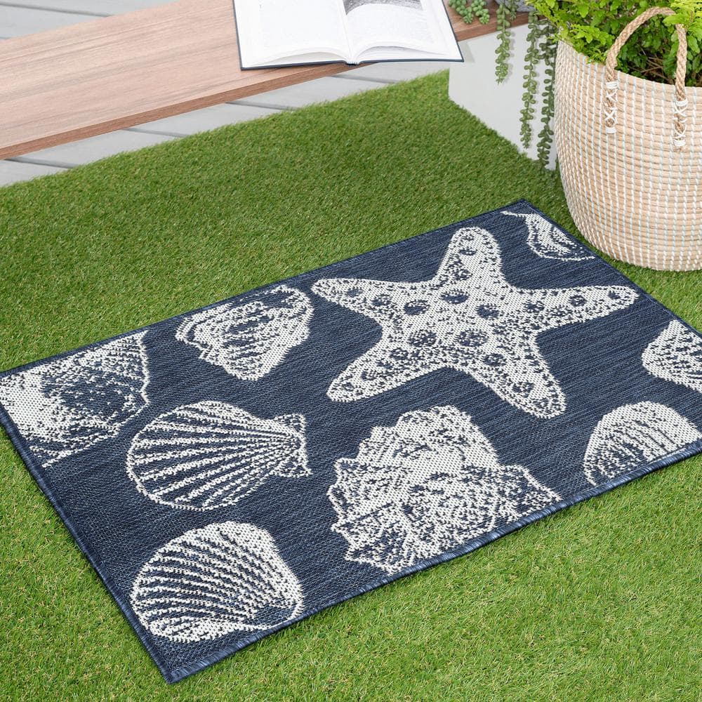 Navy and White Synthetic Coastal 2x3 Area Rug