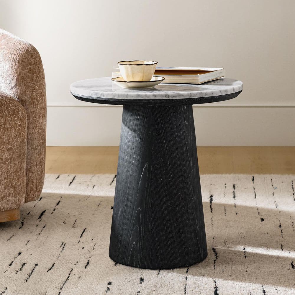 Delphine 19.75 in. Oak Round Marble End Table with Oak Veneer