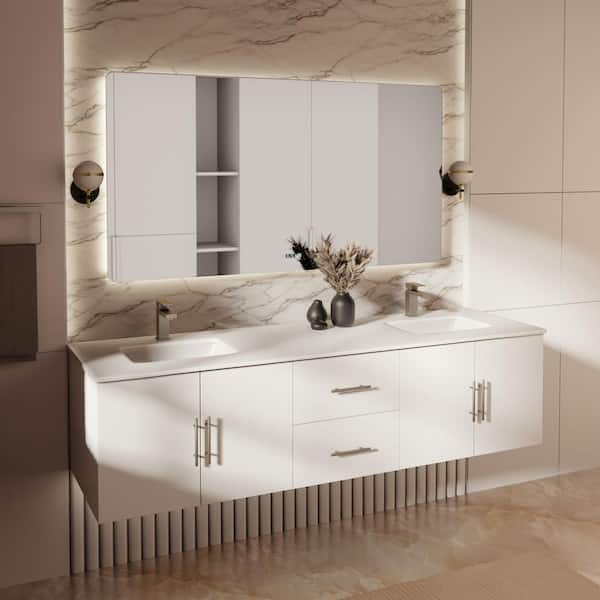 Geneva 72 in. W x 22 in. D Glossy White Double Bath Vanity, White Quartz Top, and 30 in. LED Mirrors