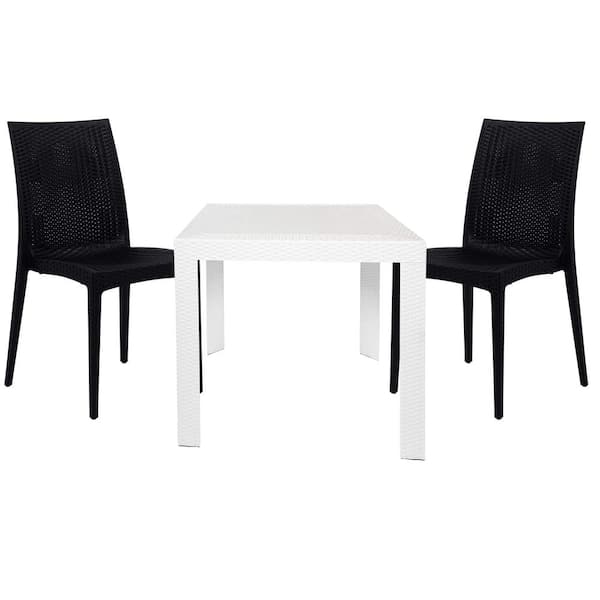 Leisuremod Mace Modern 3-Pcs Patio Dining Set with Stackable Plastic Dining Chairs and Square Dining Table (White/Black)