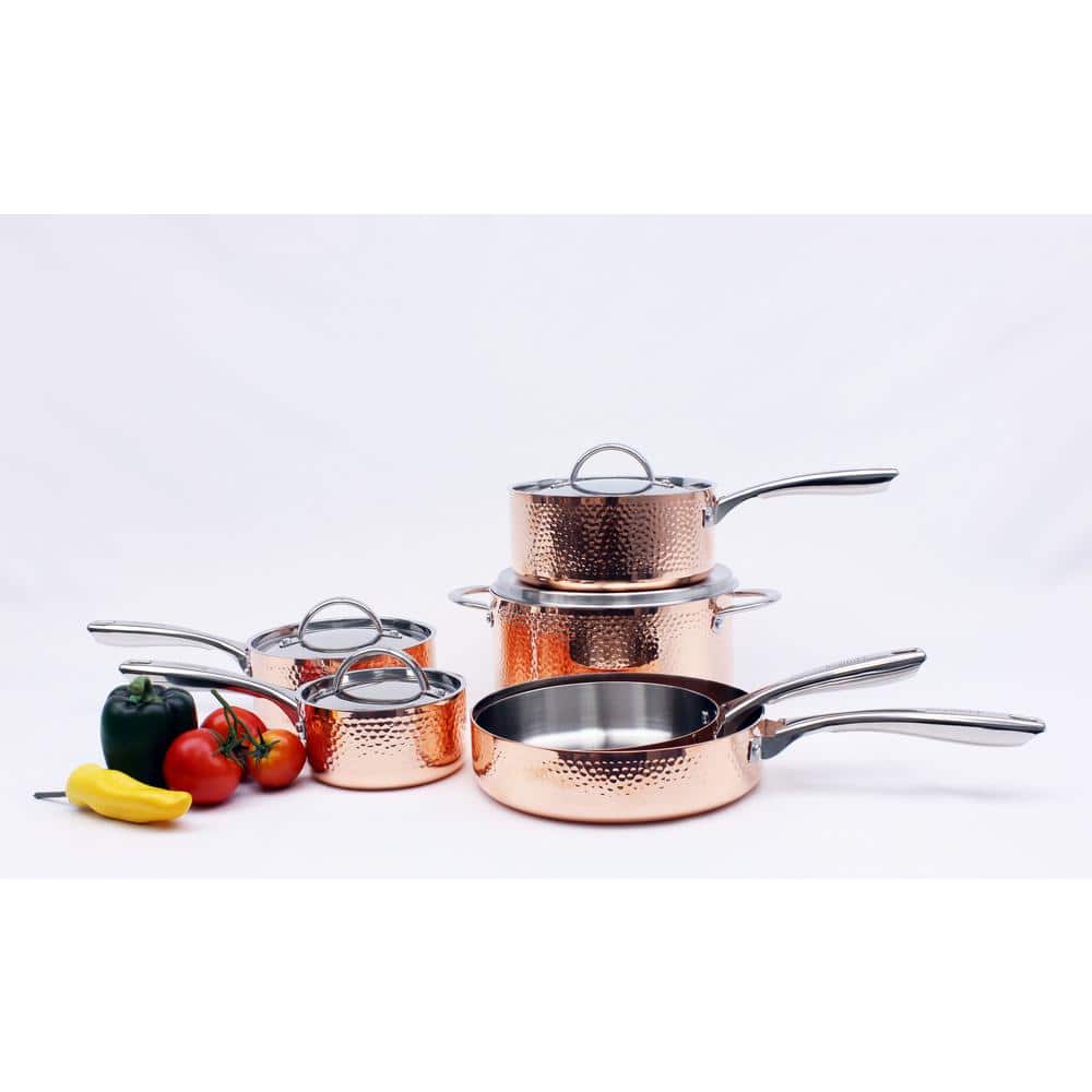 Vintage Hammered Copper and Stainless Steel 10-Piece Cookware Set
