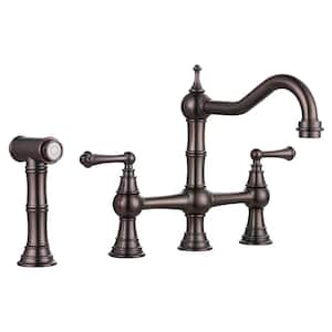 Elegant Double-Handle Bridge Kitchen Faucet with Side Sprayer in Bronze