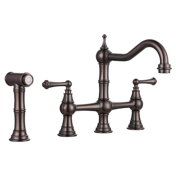 IVIGA Brass 8 in. Double Handle Bridge Kitchen Faucet with 2-Aerators, Brass Valve, Side Sprayer and Supply Lines in Bronze