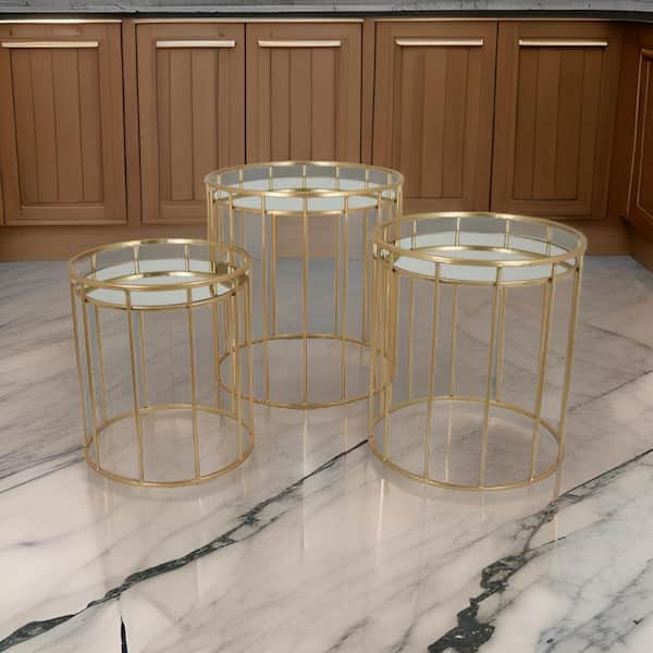 Benjara 20 in. Gold Round Glass Plant Stand with 1-Tier (Set of 3)