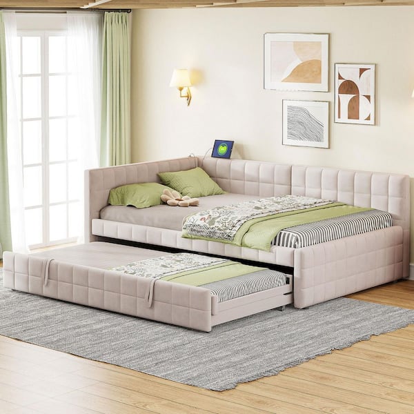 Beige Full Size Upholstered L-Shaped Upholstered Daybed with Trundle and USB Ports