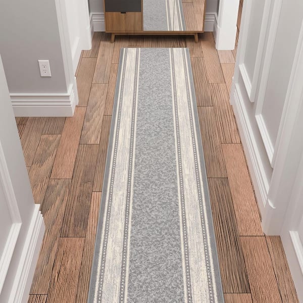 Indoor 1 ft. 10.5 in. x 25 ft. Light Gray Non-Slip Hallway Runner Rugs For High Traffic, Bordered Design Area Rug
