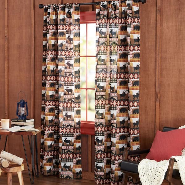 Moose Lodge Brown Multi Animals Light Filtering Rod Pocket Indoor Curtain Panel, 38 in. W x 84 in. L (Set of 2)