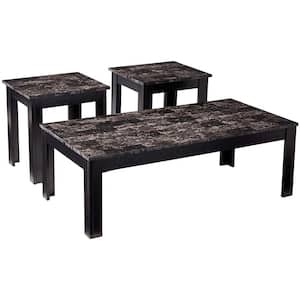 Impressive 3-Piece 44 in. Black Large Rectangle Marble Coffee Table Set with Marble Top