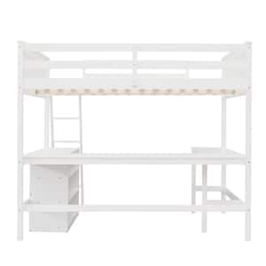 White Full Loft Bed with Shelves and Desk