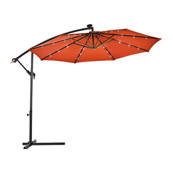 Clihome 10 ft. Cantilever Umbrella Patio Umbrella in Red with Crank, 24 Solar LED Lights, Cross Base and 8 Sturdy Ribs