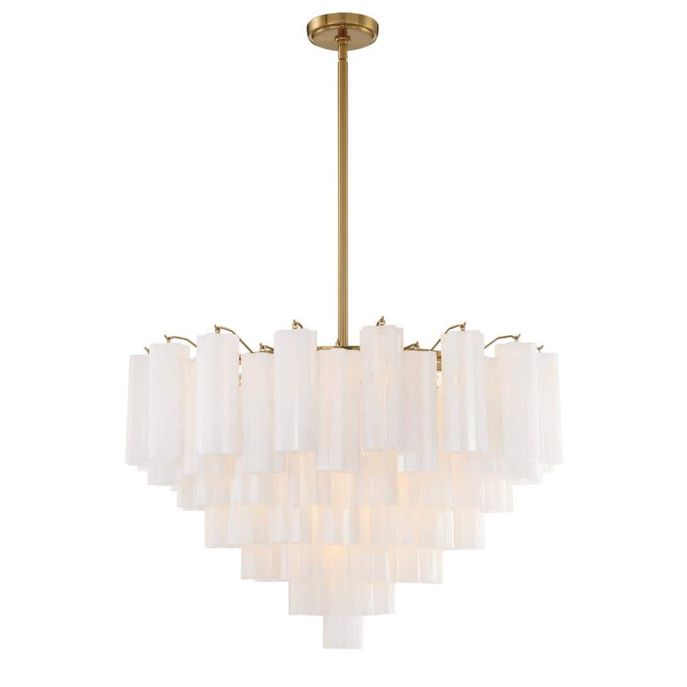 Aged Brass and White Tronchi Glass 16-Light Chandelier