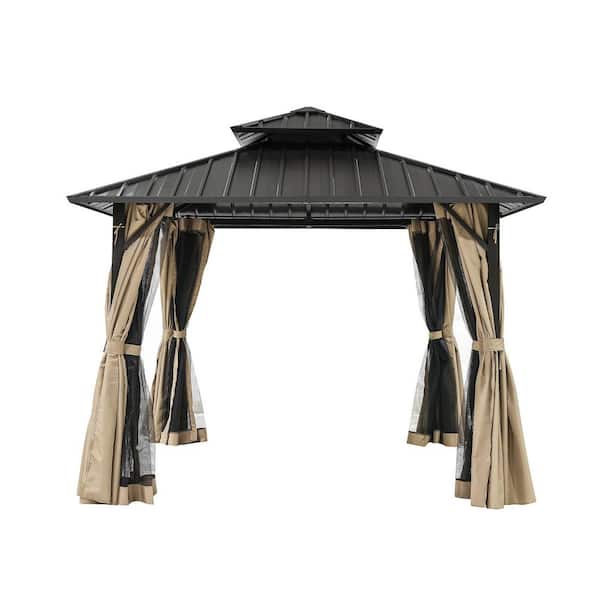 Khaki 10 ft. x 10 ft. Aluminum Patio Hardtop Gazebo Canopy with Netting, Curtains, Double Steel Roofs for Backyard Deck
