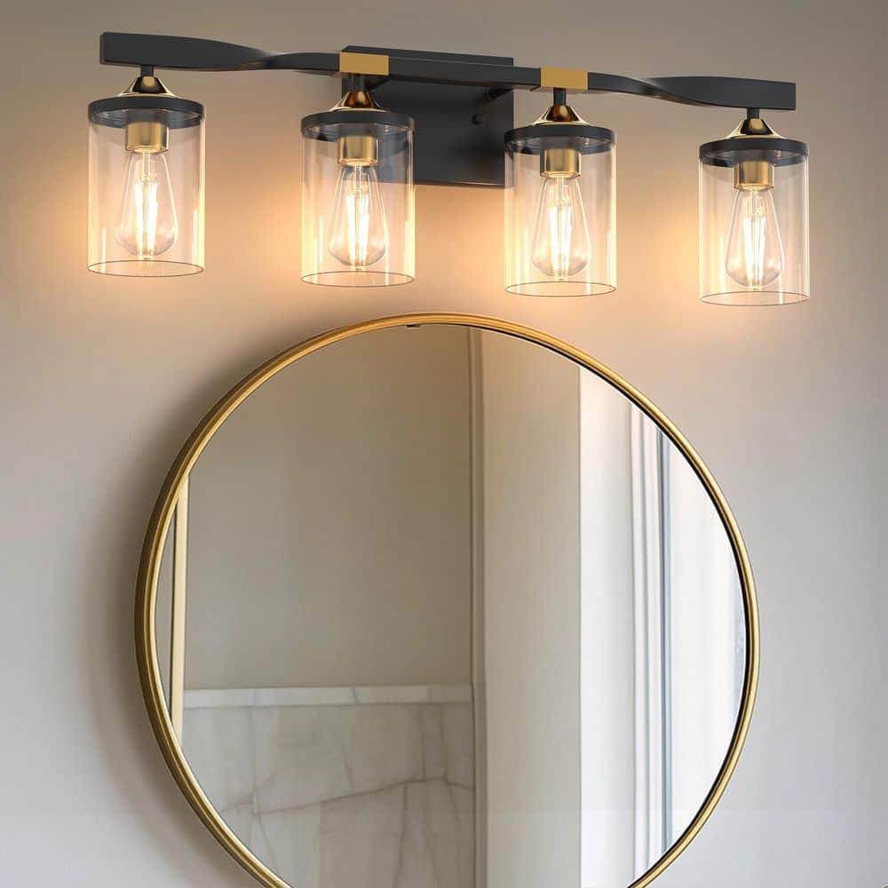 26 in. 4-Light Black and Gold Vanity Light with Clear Glass Cylinders for Bathroom Lighting price history on PriceWatchPro