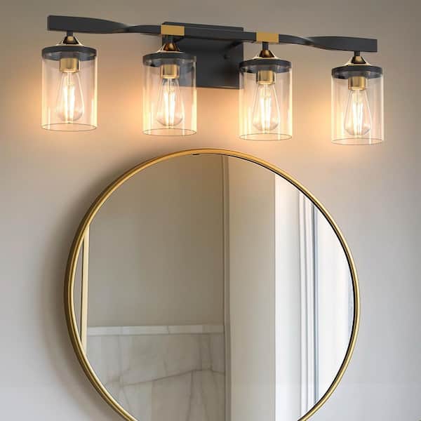 YANSUN 26 in. 4-Light Black and Gold Vanity Light with Clear Glass Cylinders for Bathroom Lighting