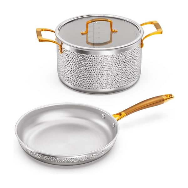 3-Piece Stainless Steel Tri-Ply Hammered Finish Cookware Set Induction Compatible Non-Coated Non-Toxic
