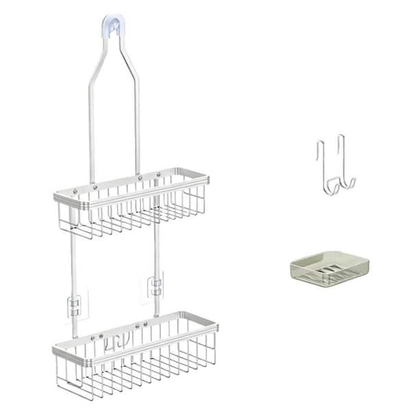 Silver Aluminum Shower Caddy Hanging for Inside in Shower with Hooks for Razor and Storage with Soap Holder Bright