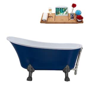55 in. Acrylic Clawfoot Non-Whirlpool Bathtub in Matte Blue With Brushed Nickel Drain And Brushed Gun Metal Clawfeet