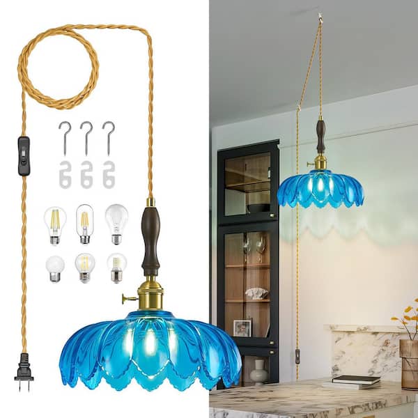 Home Lighting 60W 1-Light 10.03in Modern Blue Glass Adjustable Plug-In Pendant (Gold Finish) for Bedrooms & Dining Rooms