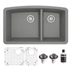 QU-711 Quartz/Granite 32 in. Double Bowl 60/40 Undermount Kitchen Sink in Grey with Bottom Grid and Strainer