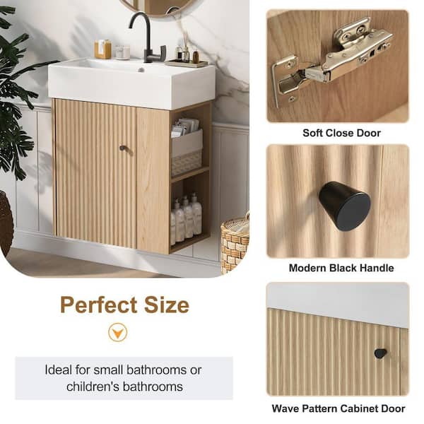 FAMYYT 21.6 in. Sink Single Floating Wood Bath Vanity with White