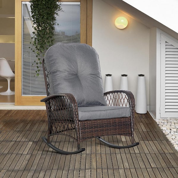 Wicker Outdoor Rocking Chair 352 lbs. Patio Rocker Metal Frame Furniture with Grey Thick Cushion for Balcony Porch, Deck