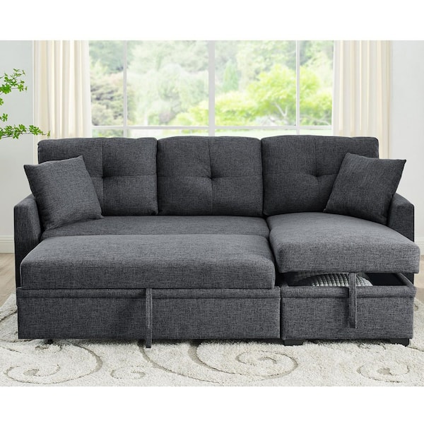 83 in. W Gray Polyester Queen Size Sofa Bed with Storage and Tufted Cushions for Bedroom, Living Room