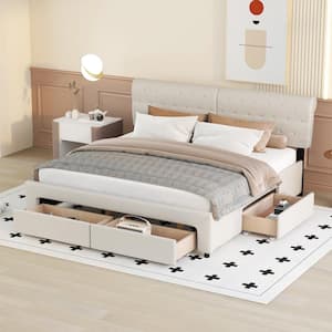 Beige Wood Frame King Size Upholstery Platform Bed with 4 Drawers
