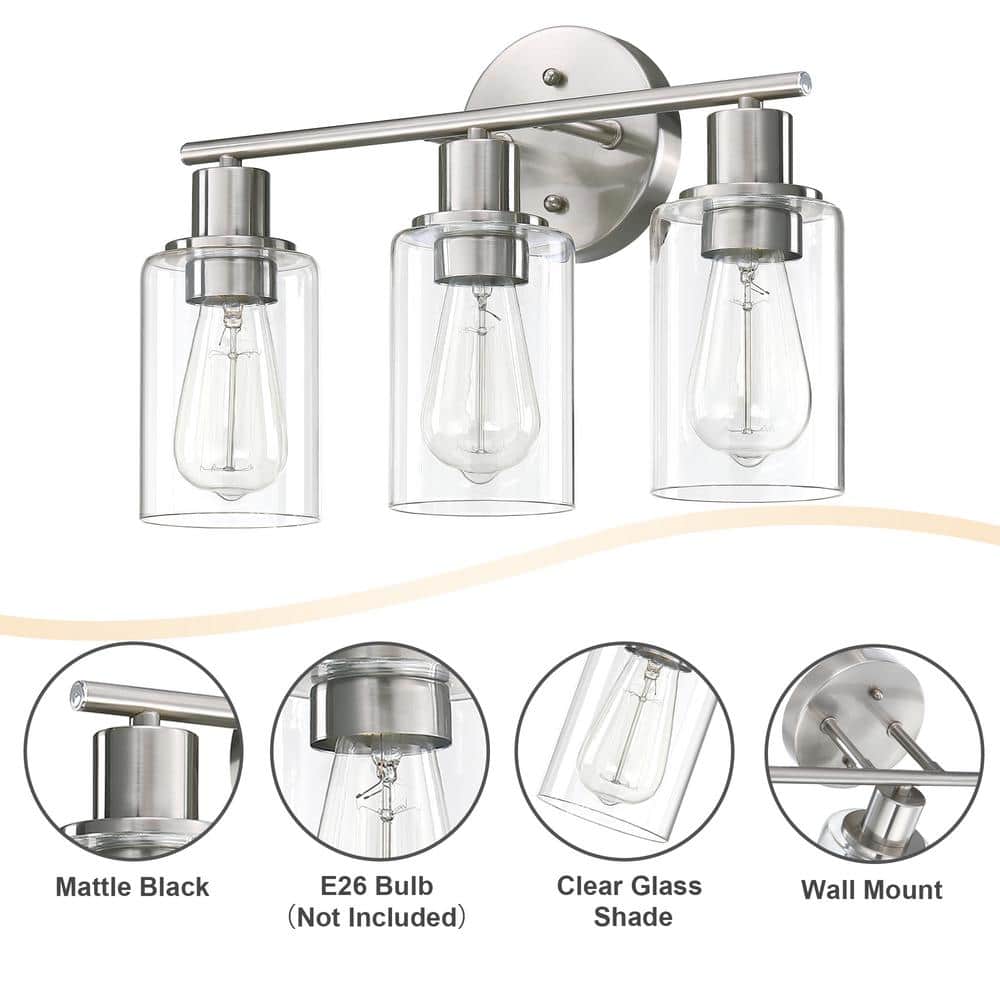 Brushed Nickel 3-Light Modern Bathroom Vanity Light with Clear Glass Shades