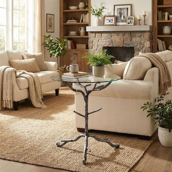 21 in. Gungray Round Metal End Table with Marble Tempered Glass Top