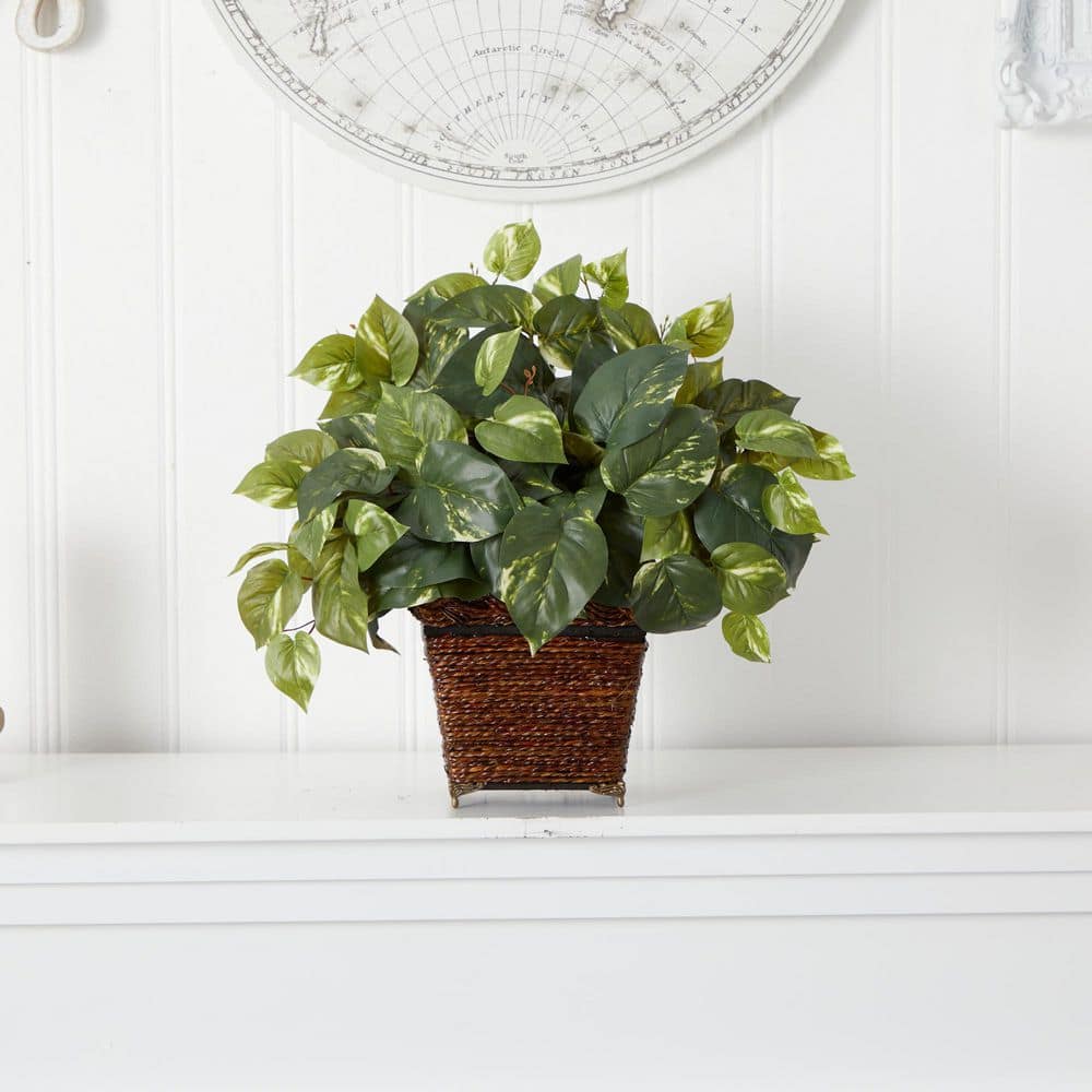 17" Green Pothos Silk Plant with Coiled Rope Planter