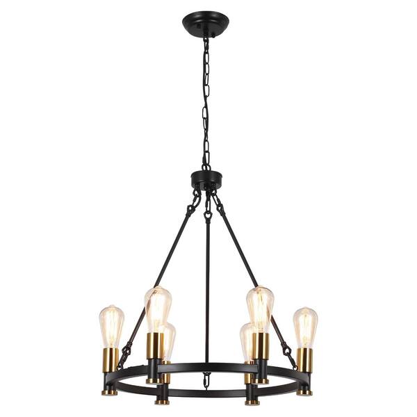 LWYTJO Toriona 6-Light Black/Gold Dimmable Wagon Wheel Chandelier ...