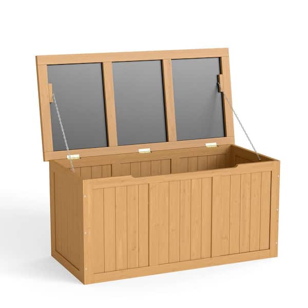67 Gal. Light Brown Solid Wood Deck Box, Outdoor Storage Box with Hinged Lid for Patio Cushionsand Garden Tools