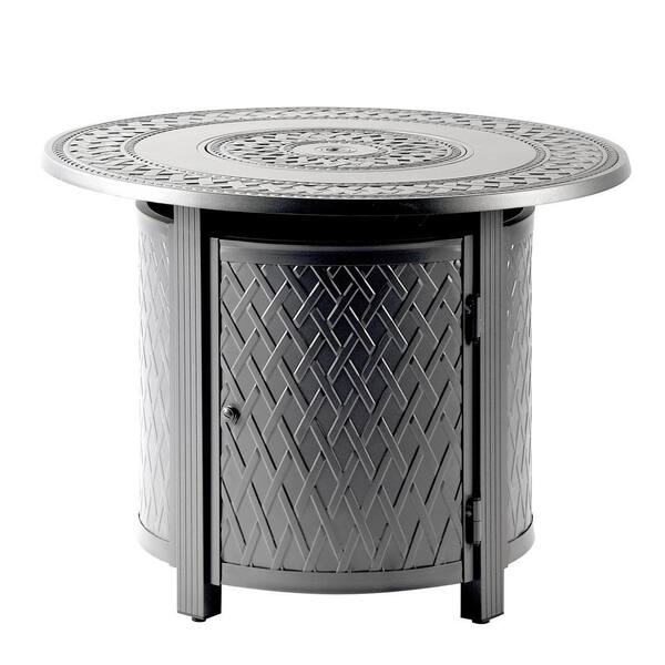 34 in. x 34 in. Grey Round Aluminum Propane Fire Pit Table with Glass Beads, 2 Covers, Lid, 37,000 BTUs
