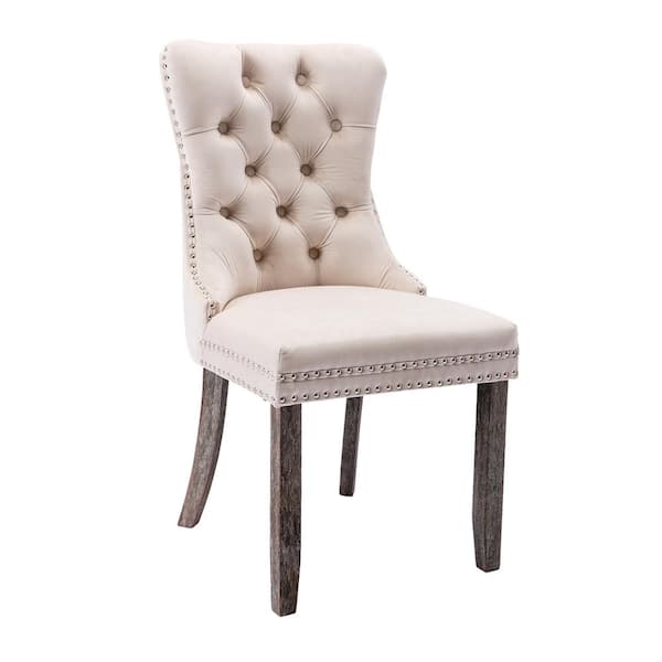 Forclover Beige Velvet Upholstered, Leather Dining Chair Tufted Nailhead Trim