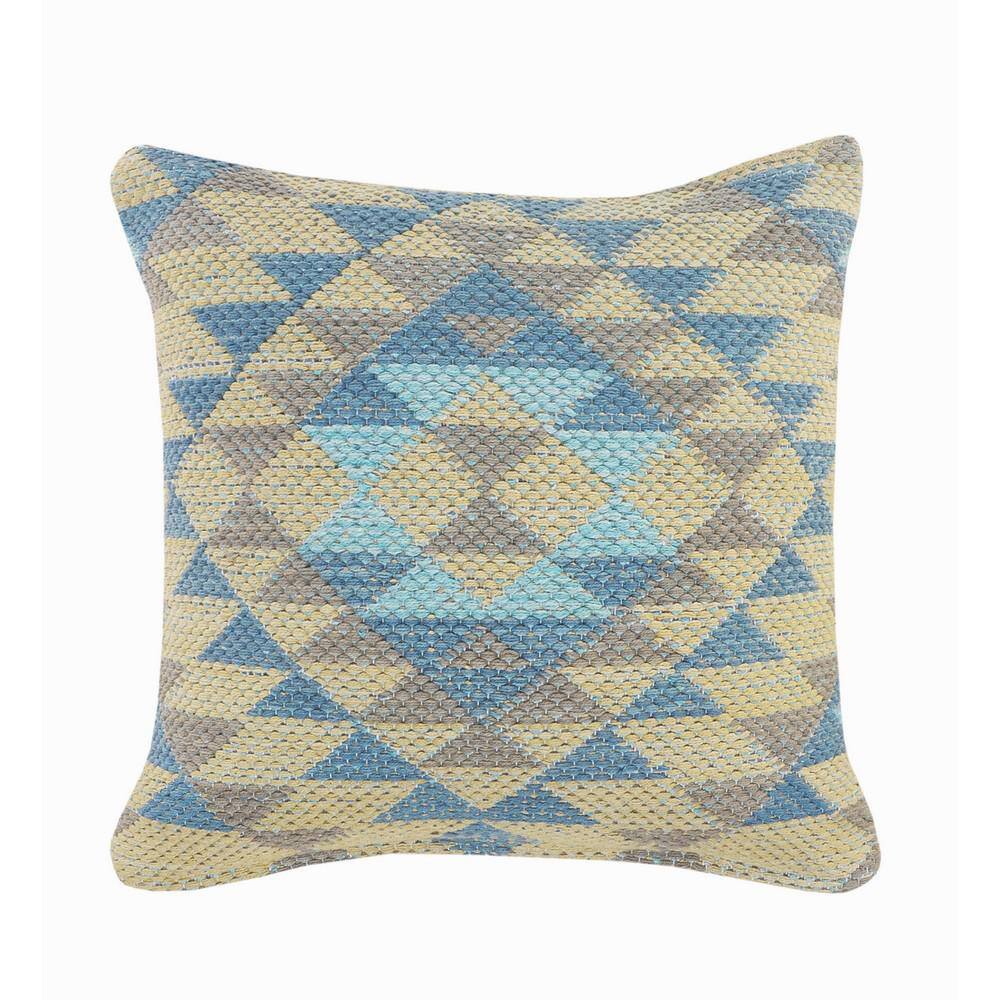 Southwestern Geometric Blue and Beige Cotton Throw Pillow, 18 x 18 inches