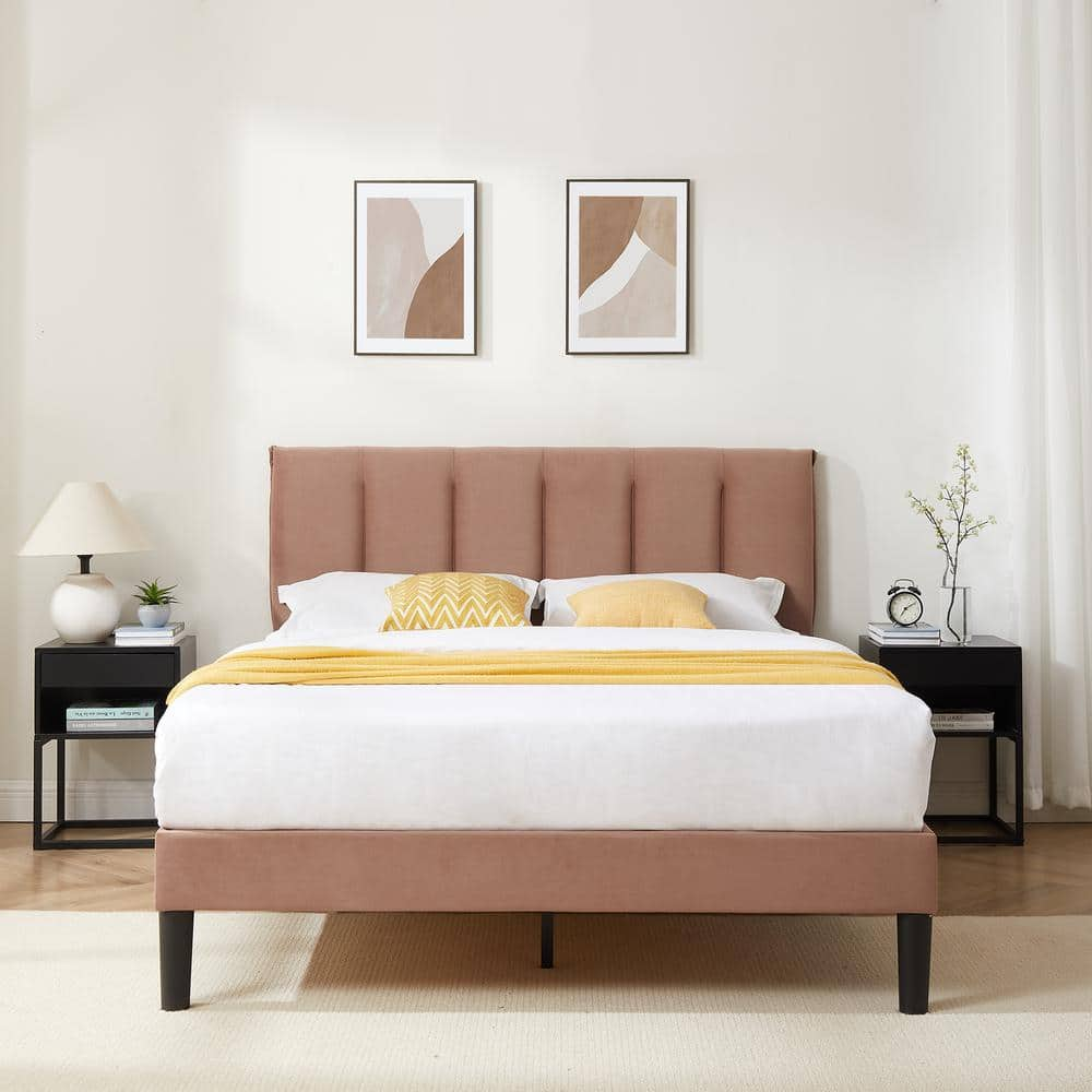 VECELO Upholstered Bed Frame Brown Metal Frame Full Platform Bed With ...